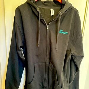 THE CHOSEN HOODIE‎ SIZE L ZIPPER Front W/POUCH pockets BLACK - FISH GRAY/TEAL